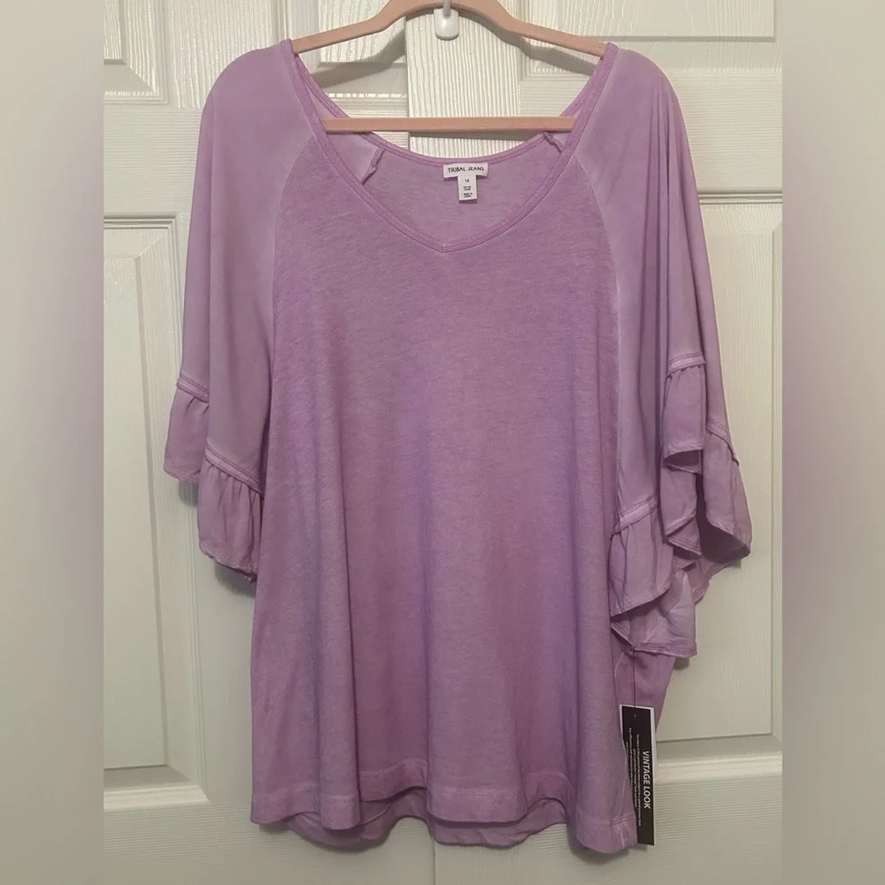 NWT Tribal Jeans Purple Ruffle Sleeve Blouse 1x - Picture 1 of 5